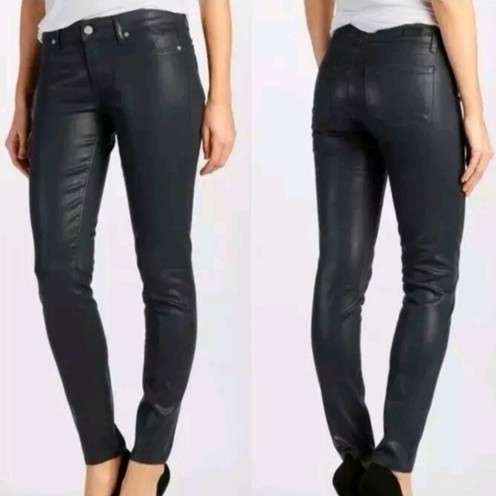 NEW! PAIGE Verdugo Deep Lagoon Silk Navy Wax Coated Ultra Skinny Denim Jeans 24.